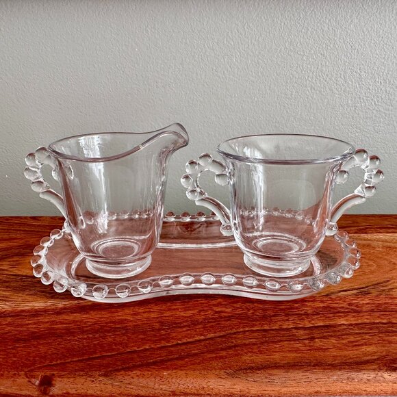 Imperial Glass Co. Candlewick beaded sugar and creamer with under tray. - Picture 1 of 5